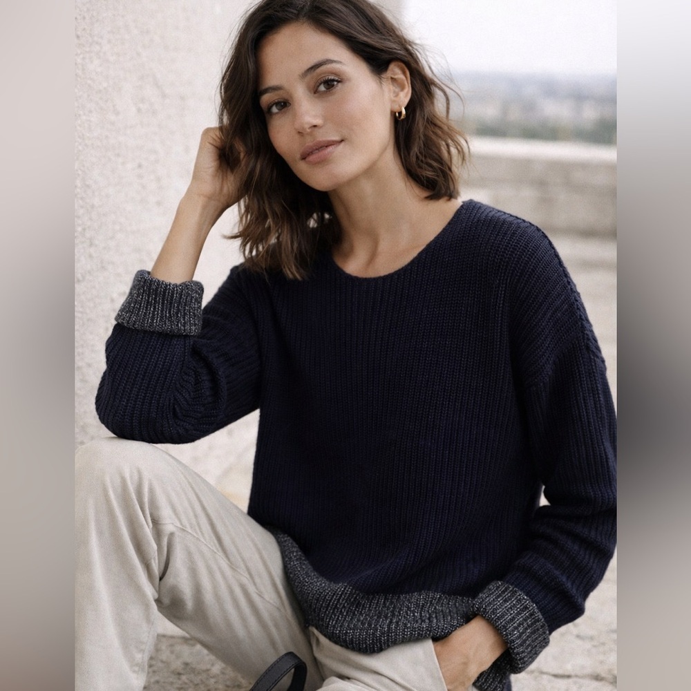 Vince Navy Ribbed Sweater Contrast Hem Scoop Neck Chunky Knit S